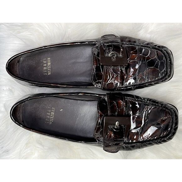Stuart Weitzman Loafer Womens 5.5 Buckle Croc Embossed Patent Leather Brown - Picture 6 of 9